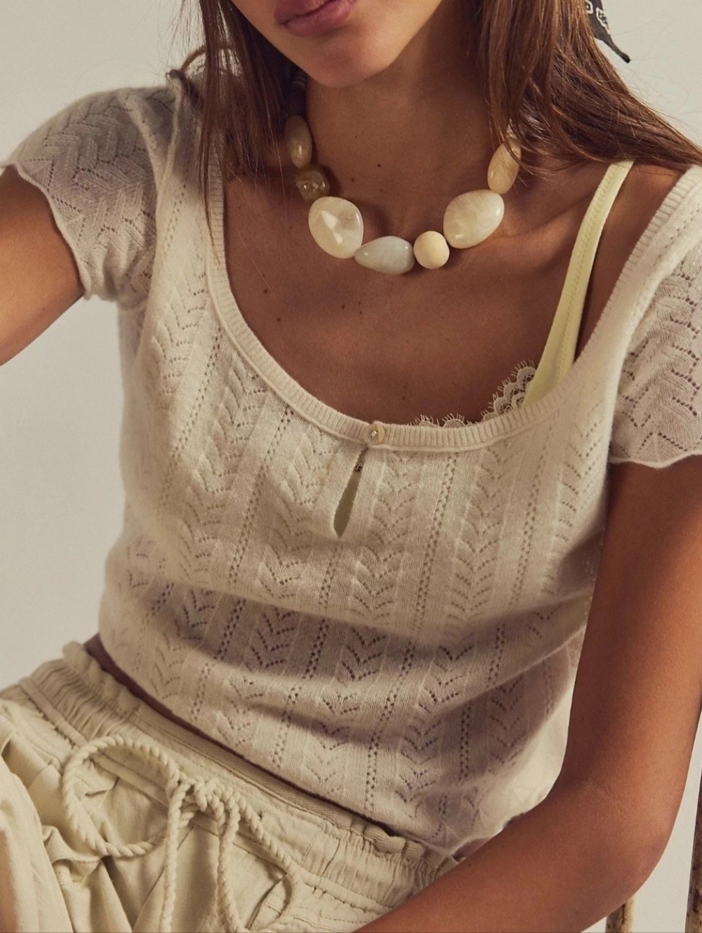 FREE PEOPLE Hera Cream Pointelle Knit Short Sleeve 100% Cashmere Sweater NWT